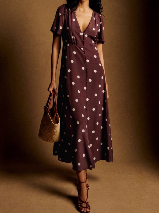 Sezane Dresses & Skirts - Sezane Solia Polka Dot V-Neck Flutter Sleeve Midi Dress - Brown Sz 46/14